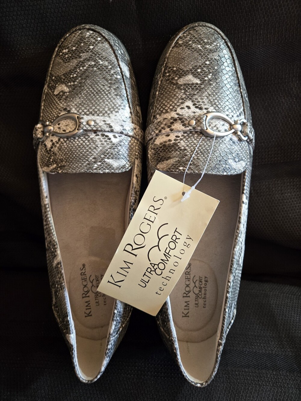 Kim Rogers Snake-Print Loafers in Gray and White with Metal Bit NWT